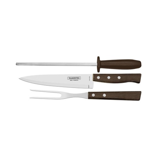 Jogo 3 peças para Churrasco em Aço Inox com Cabo Marrom Madeira e Polipropileno Tramontina
