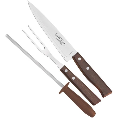Jogo 3 peças para Churrasco em Aço Inox com Cabo Marrom Madeira e Polipropileno Tramontina