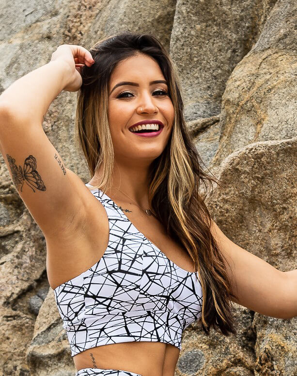 Top Nadador com Bojo Removível Jacquard Branco e Preto