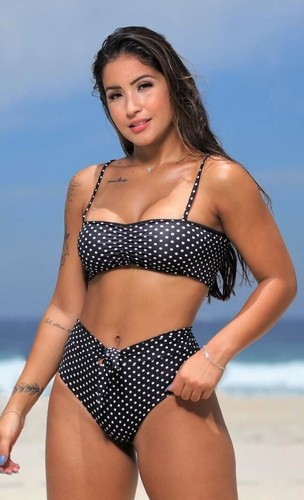 Conjunto Biquíni Cintura Alta Fio com Top Faixa Preto Poá