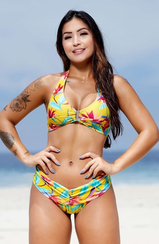 Conjunto Biquíni Cintura Alta com Top Reforçado Estampado Amarelo
