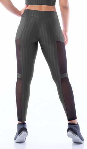 Calça Legging Poliamida Brilho Grafite com recortes Tule Sport