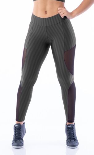 Calça Legging Poliamida Brilho Grafite com recortes Tule Sport