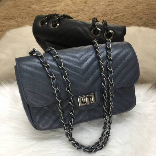VERSALHES MÉDIA Bolsa de corrente em couro legítimo azul marinho matelassê chevron
