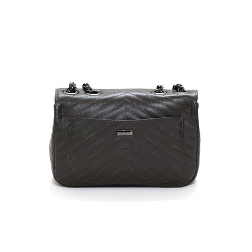 VERSALHES MÉDIA Bolsa de corrente em couro legítimo cinza chumbo matelassê chevron